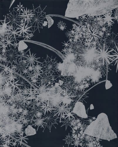 Exhibition catalogue cover for Sandro Cinto exhibition "Construction". Pale silver silhouettes of snowflakes and plants on a dark blue background.