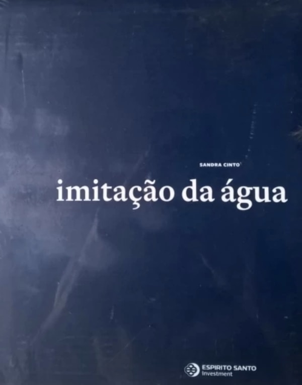 Exhibition catalogue cover for Sandra Cinto exhibition. Dark blue background with white text: Sandra Cinto, imitação da água, Espirito Santo Investment.