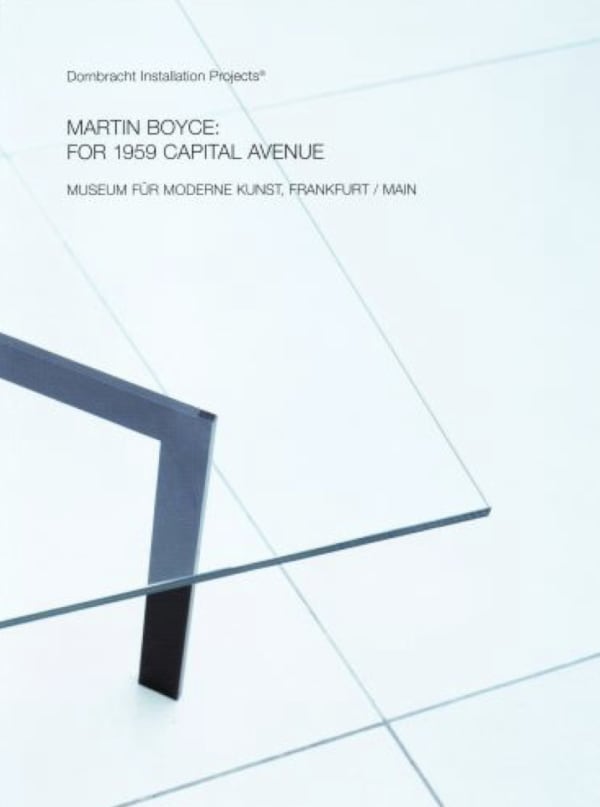 Exhibition catalogue cover for Martin Boyce exhibition at Museum für Moderne Kunst. Close up image of a corner of a glass tabletop and bright tile floor. Black cover text: "Dombracht Installation Projects, Martin Boyce: For 1959 Capital Avenue, Museum für